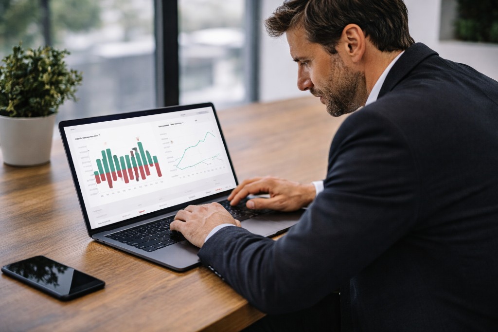 Person der analyserer budgetgrafer paa en baerbar computer