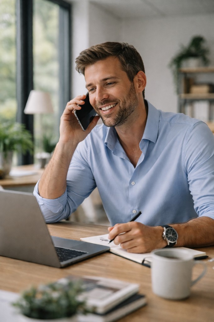 Tre personer i moede der giver haandtryk over bord i et salgsmoede